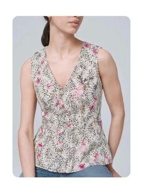 White House Black Market Floral Leopard Print Eyelet Peplum Top sz 14